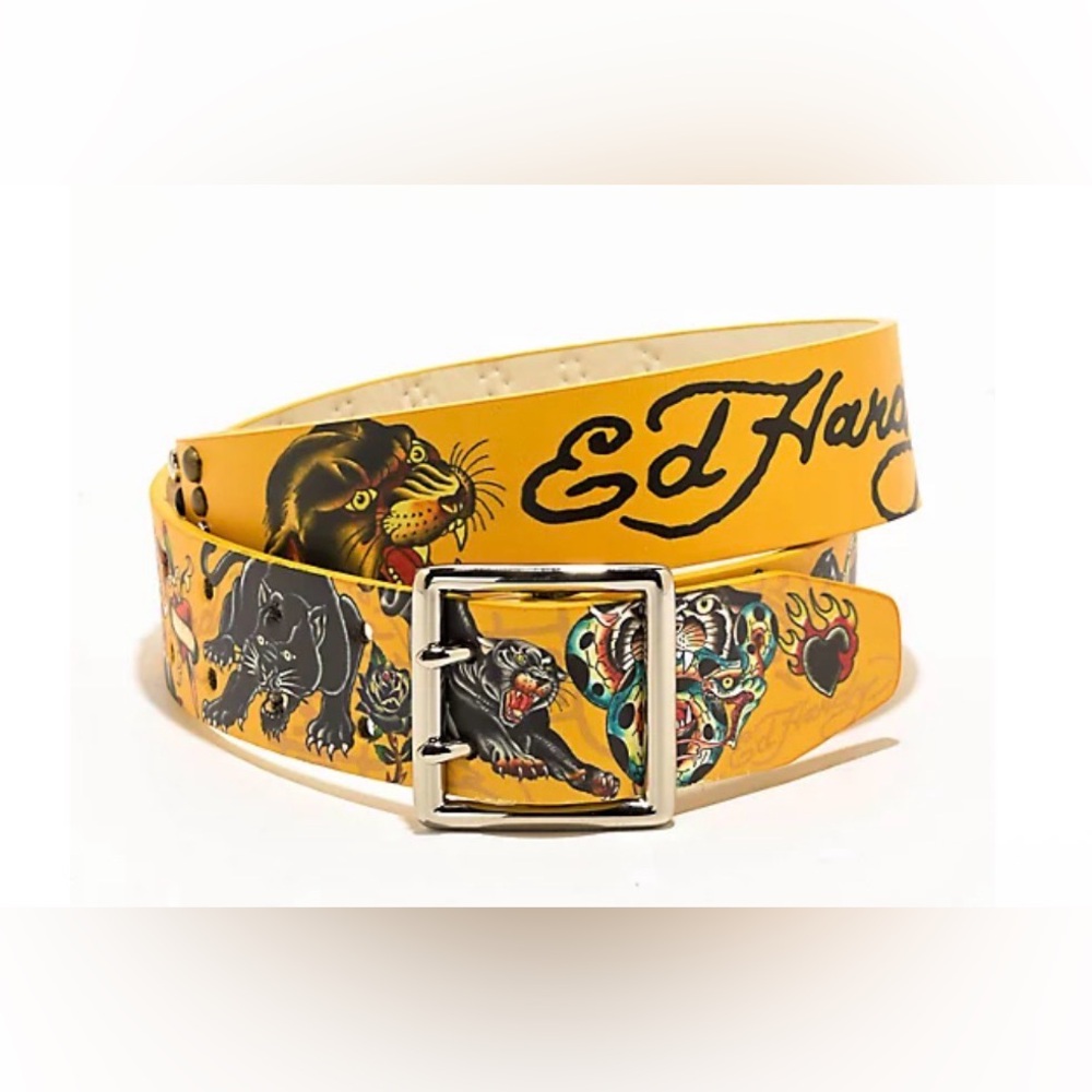 Ed Hardy Men's Panther Snake Belt Yellow Studded Grommet Tattoo Y2K Logo NWT